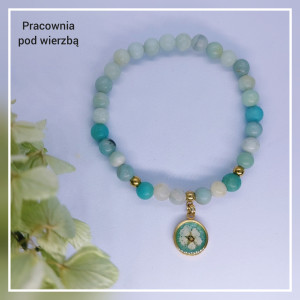 Bransoletka ukojenie kamienie naturalne amazonit, oczko z kwiatem tawuły