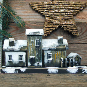 Chatki śniegiem zasypane - zestaw domków ręcznie malowanych, dekoracja z drewna