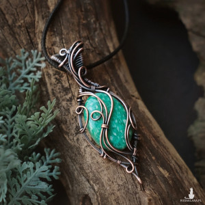 Wisiorek miedziany naszyjnik z amazonitem elficki wire wrapping