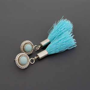 Długie kolczyki boho, błękitne frędzle, amazonity, srebro 925