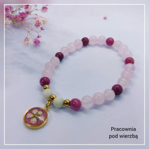 Bransoletka energia serca kamienie naturalne kwarc turmalin, oczko z kwiatem tawuły