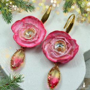 Kolczyki kwiaty z kryształami - róż i złoto