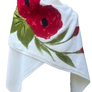 ECRU WEŁNIANY SZAL MALOWANY WEŁNĄ ZDOBIONY KWIATY