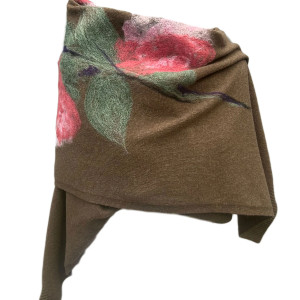 CZEKOLADOWY WEŁNIANY SZAL MALOWANY ZDOBIONY WEŁNĄ KWIATY