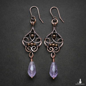 Kolczyki miedziane unikatowe wiktoriańskie wire wrapping z ametystem