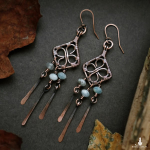 Kolczyki miedziane boho unikatowe wire wrapping z akwamarynem