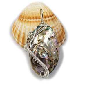 Muszla abalone, Srebrny wisior z muszlą abalone wire wrapped, prezent dla niej, prezent dla mamy, ręcznie robiona biżuteria autorska