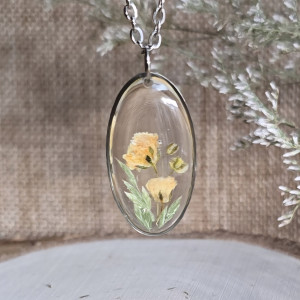 Srebrna zawieszka srebrny wisiorek naszyjnik żywica z żywicy kwiaty z kwiatami jajowata retro naturalna dziewczęca kobieca bukiet kwiatowy żółty