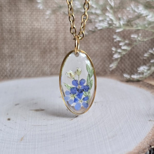 Złota jajowata zawieszka złoty wisiorek kwiat naszyjnik żywica z żywicy suszone kwiaty z kwiatami naturalne kobieca dziewczęca niezapominajki