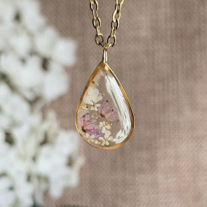 Złota łezka zawieszka złoty wisiorek kwiat naszyjnik żywica z żywicy suszone kwiaty różowe