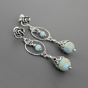 Kolczyki Scarlett, jaspis oceaniczny, amazonit, srebro 925, kolekcja Przeminęło z Wiatrem