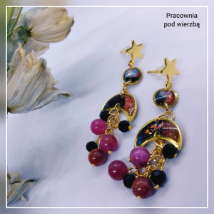 Długie kolczyki wiszące kosmos księżyc lunula gwiazdy kamienie naturalne stal ręcznie malowane winogrona