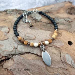 Etniczna bransoletka chainmaille - hematyt i jaspis krajobrazowy