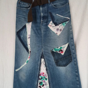 Spódnica denim maxi patchwork street fashion