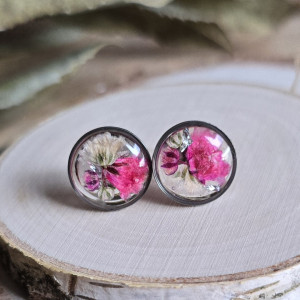 Srebrne kolczyki z kwiatami wkręty sztyfty z żywicy żywica epoksydowa z suszonymi prawdziwymi kwiatami różowe