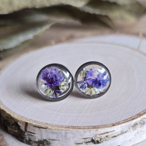 Srebrne kolczyki z kwiatami wkręty sztyfty z żywicy żywica epoksydowa z suszonymi prawdziwymi kwiatami fioletowe