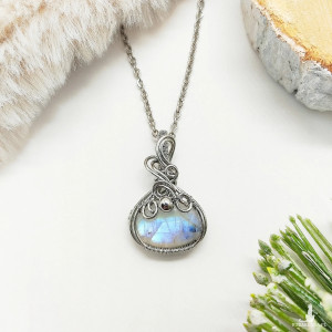 Naszyjnik Kamień Księżycowy stal chirurgiczna wisiorek handmade wirewrapping