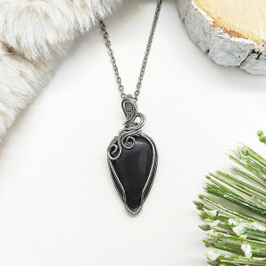 Naszyjnik Obsydian Złocisty stal chirurgiczna wisiorek handmade wirewrapping