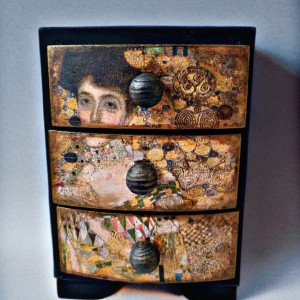 Drewniana szkatułka, komódka na biżuterię "Pocałunek - Klimt"