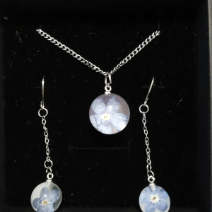 Srebrny komplet niezapominajki, niebieskie kwiaty, kulki kolczyki wisiorek kulka