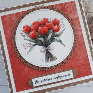 Kartka urodzinowa (lub na inną okazję) z bukietem czerwonych tulipanów