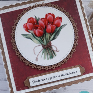 Kartka imieninowa (lub na inną okazję) z bukietem czerwonych tulipanów