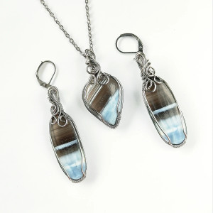 Komplet biżuterii Opal Niebieski stal chirurgiczna handmade wirewrapping