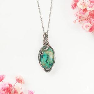 Naszyjnik Chryzokola stal chirurgiczna wisiorek handmade wirewrapping