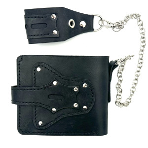 Czarny portfel skórzany na bilon ręcznie uszyty z łańcuszkiem do paska.