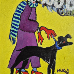 obraz ręcznie malowany  dama, pies, dymek z papierosa