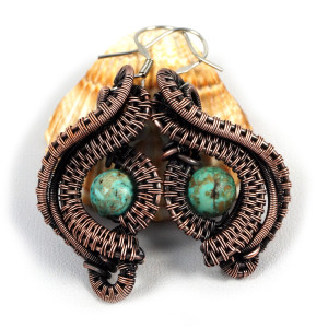 Turkus, Miedziane kolczyki z kuleczkami turkusu patynowane ręcznie wykonane, prezent dla niej, prezent dla mamy, prezent urodzinowy, biżuteria