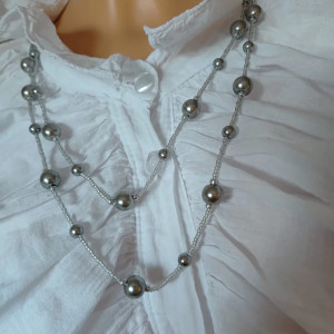 Naszyjnik Korale Perłowe Długi Sznur Pereł Szare Perły