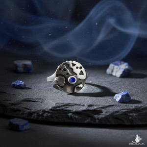 169 Efektowny Vintage Pierścionek Artystyczny Posrebrzany | Abstrakcyjny Wzór, Granatowe Oczko