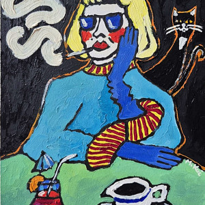 obraz ręcznie malowany portret babci przy zielonym stole