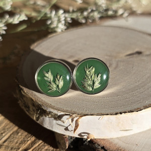 Srebrne kolczyki z kwiatami wkręty sztyfty z żywicy żywica epoksydowa z suszonymi prawdziwymi kwiatami zielone zboża