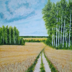 OBRAZ RĘCZNIE MALOWANY AKRYLOWY "WŚRÓD ŁANÓW ZBÓŻ" - 40x30cm