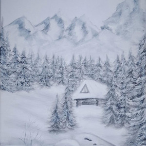 OBRAZ RĘCZNIE MALOWANY AKRYLOWY "W ZIMOWYCH OBJĘCIACH" - 40x30cm