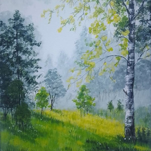 OBRAZ RĘCZNIE MALOWANY AKRYLOWY "IŚCIE MGLIŚCIE" - 30x24cm