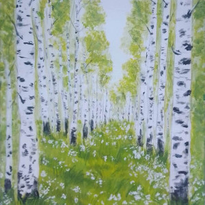 OBRAZ RĘCZNIE MALOWANY AKRYLOWY "W BRZOZOWYM ZAUŁKU" - 30x24cm