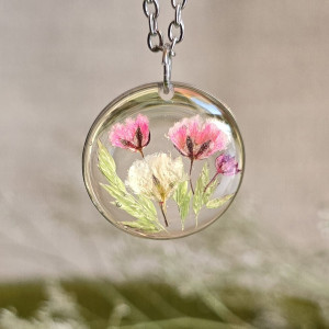Wieczne kwiaty bukiet kwiatowy łąka srebrna zawieszka srebrny wisiorek kwiat naszyjnik żywica z żywicy kwiaty różowe
