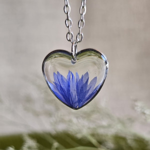 Serce serduszko Srebrna zawieszka srebrny wisiorek naszyjnik żywica z żywicy kwiaty z kwiatami retro naturalna dziewczęca kobieca chabry chabr