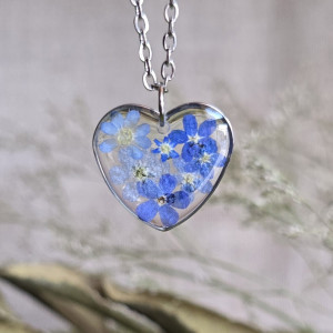 Serce serduszko Srebrna zawieszka srebrny wisiorek naszyjnik żywica z żywicy kwiaty z kwiatami retro naturalna dziewczęca kobieca niezapominajki