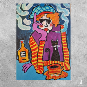 obraz ręcznie malowany portret noc siedzi przy stole