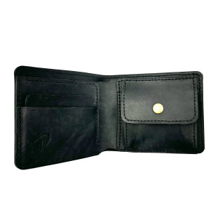 Czarny skórzany portfel na bilon ręcznie uszyty.