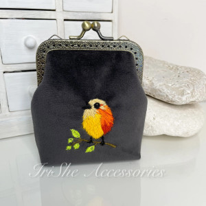 Portmonetka damska welurowa “Ptaszek” antracytowa haftowana ręcznie