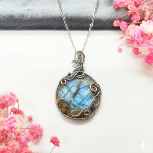 Naszyjnik Labradoryt Niebieski stal chirurgiczna wisiorek handmade wirewrapping