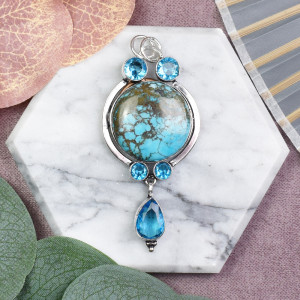 Posrebrzany miedziany ozdobny wisiorek z turkusem i topazami #597