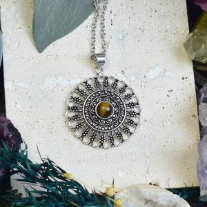 Posrebrzany miedziany wisiorek z tygrysim okiem - etniczny, boho #669