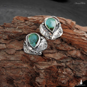 Kolczyki srebrne z morskim turkusem tybetańskim listki