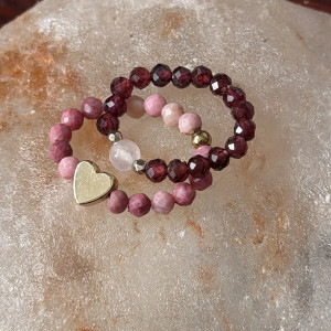 Pierścionki granat, kwarc różowy, rodochrozyt